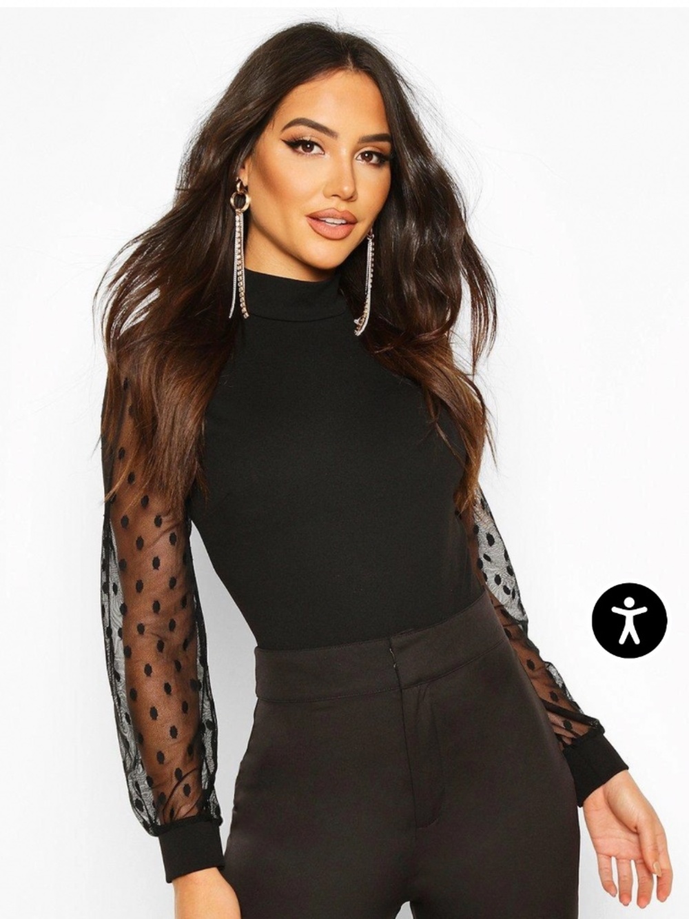 Boohoo polka dot mesh sleeve mock neck bodysuit